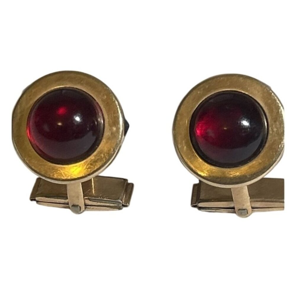Vintage Cufflinks 12K Gold-Filled With Red‎ Glass Cabochon Inserts